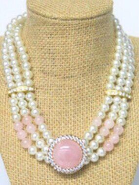 Pink Ivory Faux Pearl 3 Strand Necklace Rhinestone Gold Tone Statement Jewelry